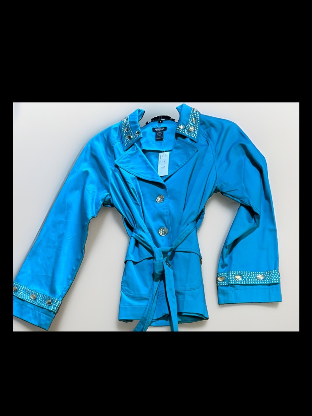 Vintage Moka Sport Embellished Blue Trench Jacket with Belt New with tags lg Y2K